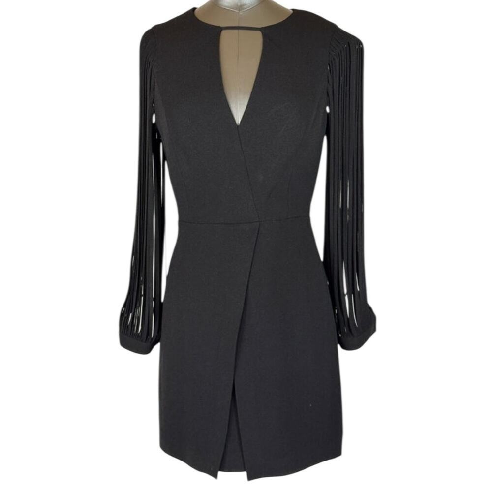 Halston Heritage Dress Womens 4 Black Fringe Sleeve Keyhole Mini Sheath Party